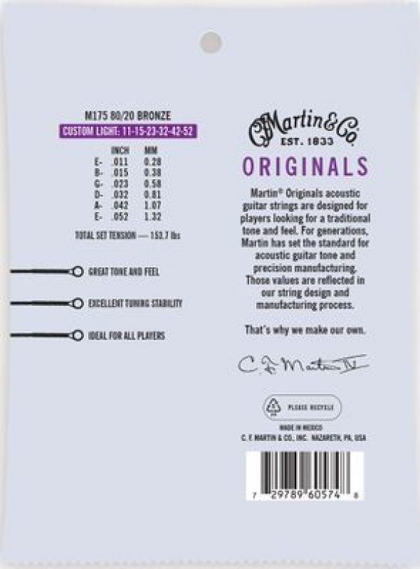 Martin M175 The Originals 80/20 Bronze Acoustic Guitar Strings Custom Light 11-52 - Image 2