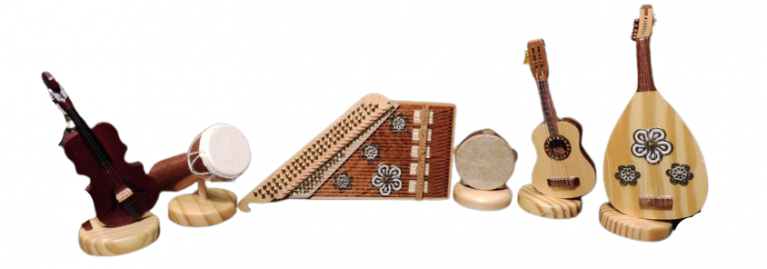Wooden Musical Instruments Small Models Antique Drum Oud Violin Riq Kanoun Guitar - 6 Pcs